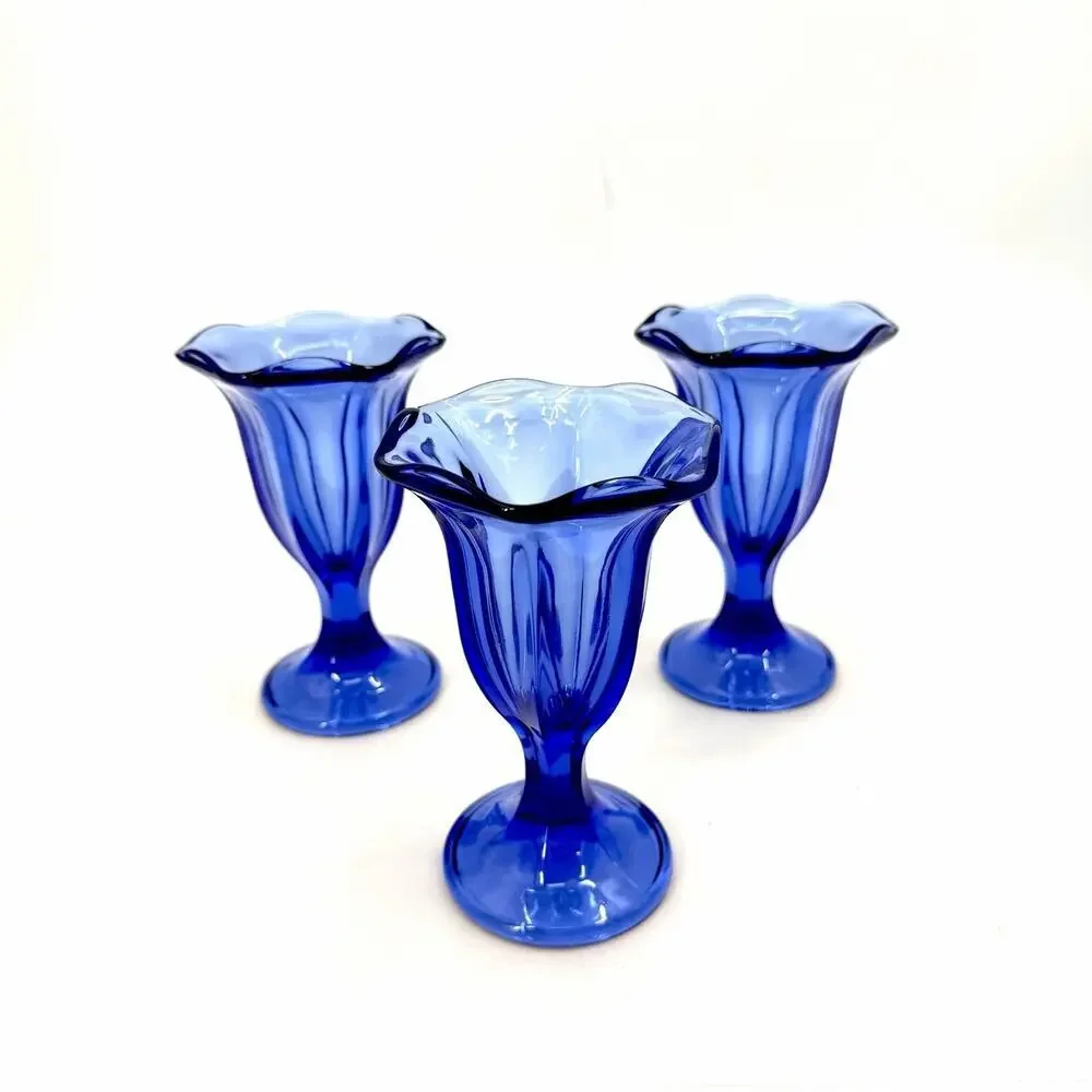 Vintage 70s Set of 3 Cobalt Blue Retro Dessert Ice Cream Sundae Glasses